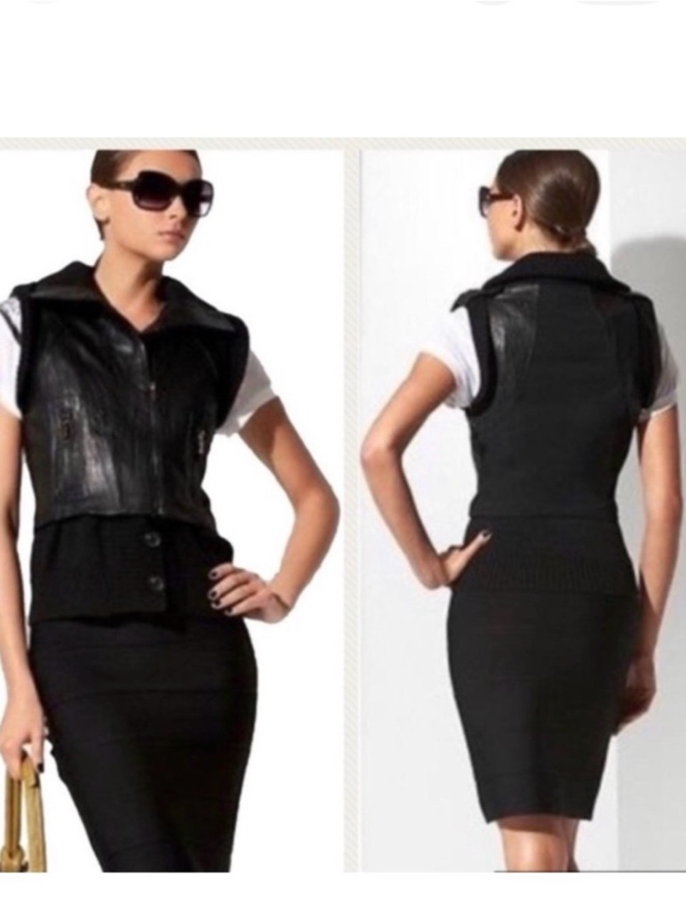 BCBGMAXAZRIA Leather Knit Mixed Media Vest Moto Biker Black Full Zip Small BCBG